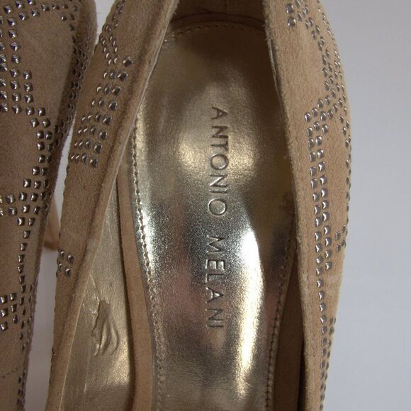 Antonio Melani Leather Suede Studded Elegant Brown Peep-Toe Heels Size 8.5 - Picture 7 of 11